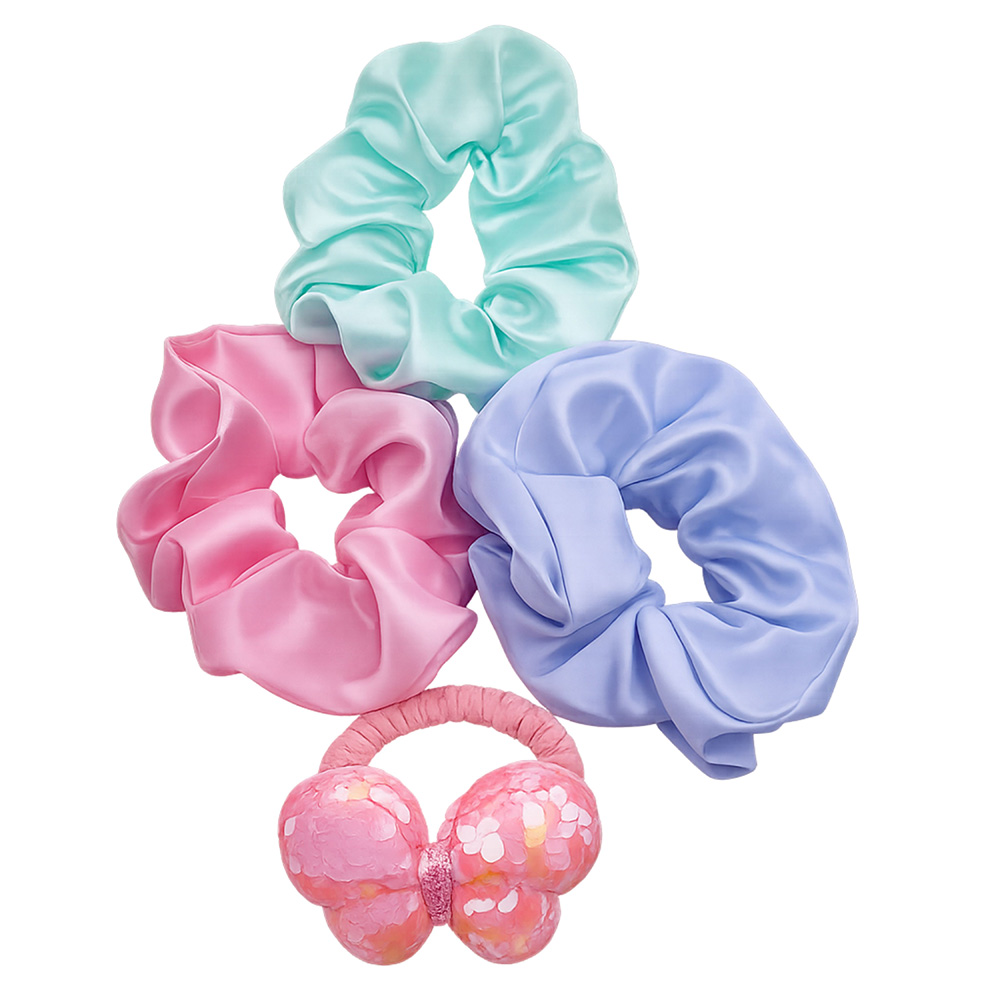 Image Set/4 Scrunchies - Kids: Pink Butterfly, Blue and Turquoise